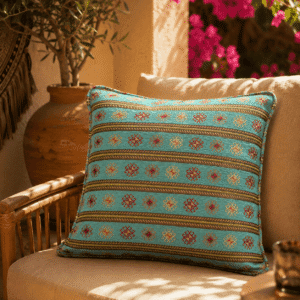 Turquoise Boho Pillow Cover, Tribal Kilim Design — Sapphire