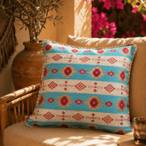 Turquoise and Cream Boho Cushion Cover, Geometric Pattern — Oasis